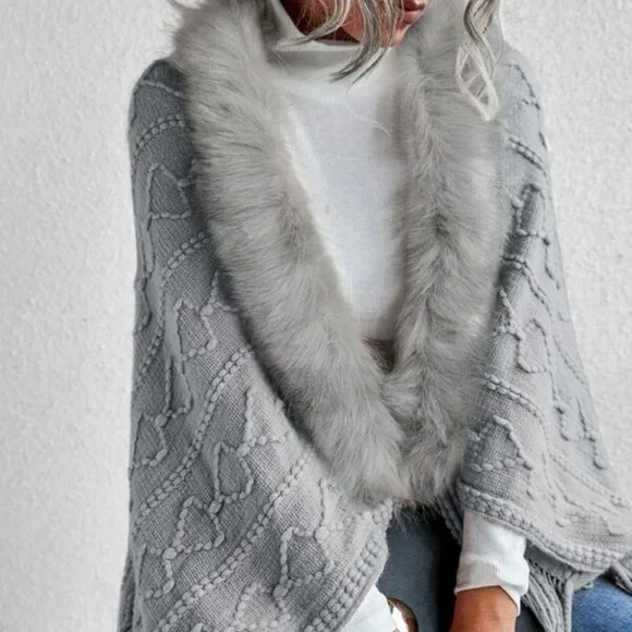 Gray Faux fur Trim Textured Knit Open front Sweater Cardigan - Picture 2 of 9